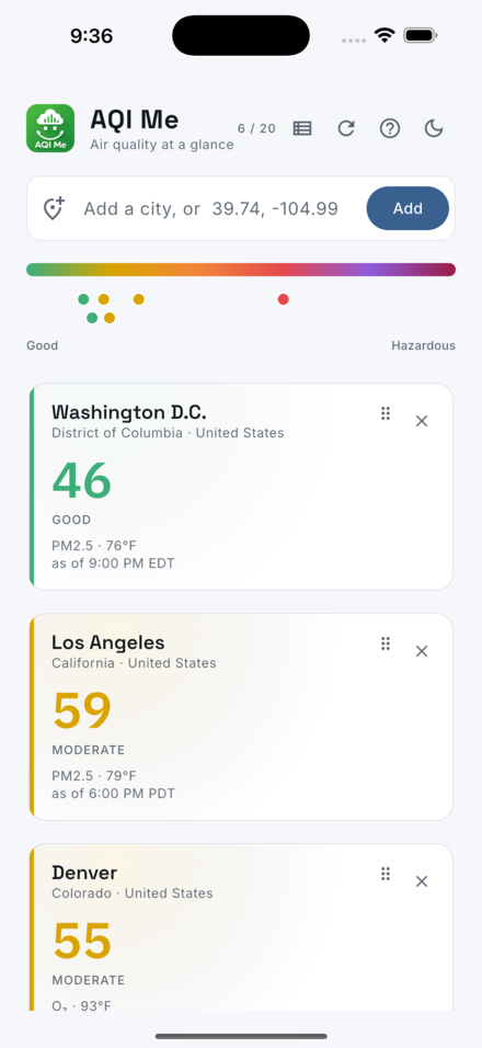 AQI Me showing several cities on the AQI scale bar