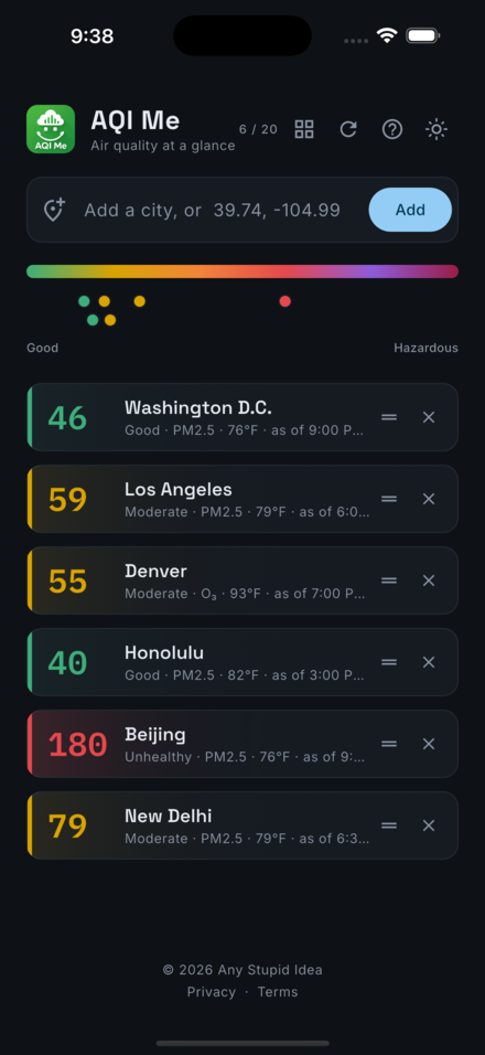AQI Me in dark mode, list view